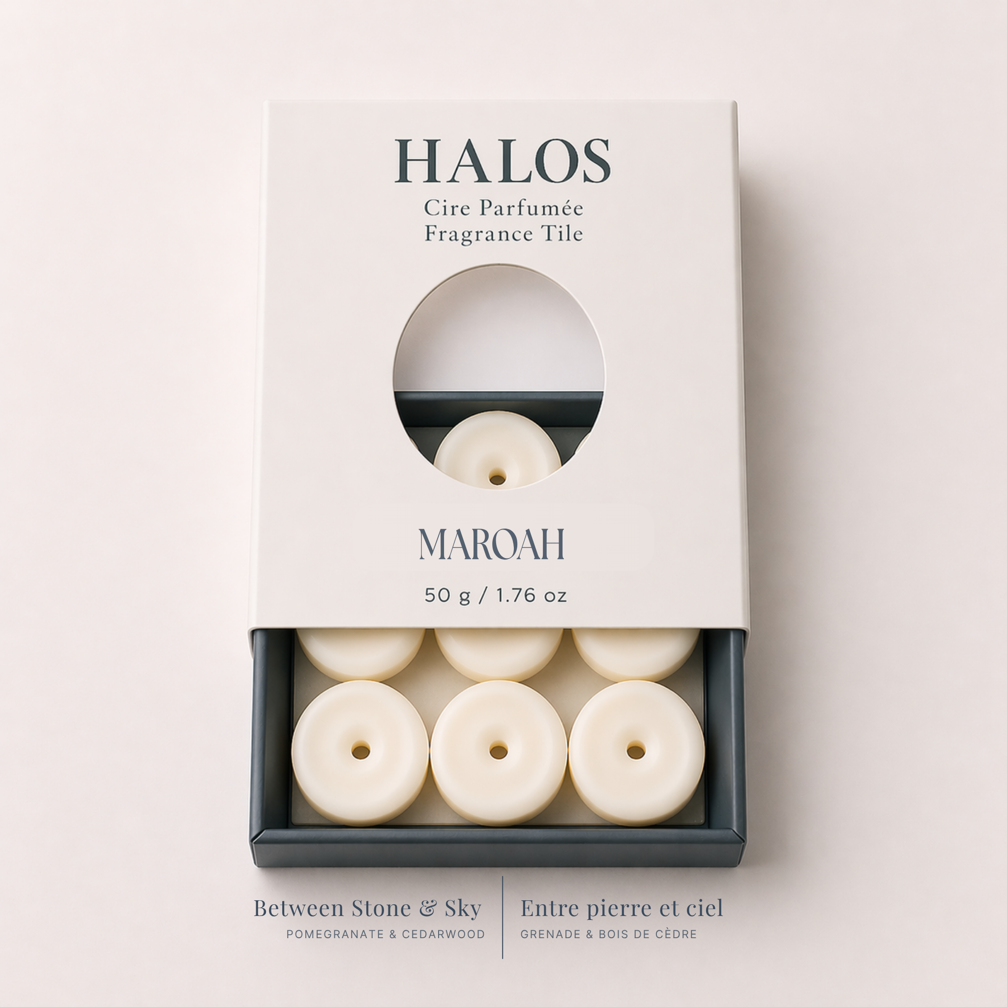 HALOS – Between Stone & Sky – Entre pierre et ciel · Carreau Anneau Parfumé – Boîte